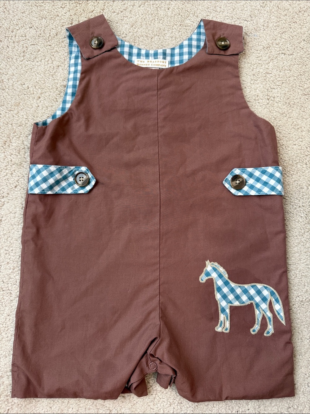 The Beaufort Bonnet Company Brown Jon Jon
with Blue Gingham Horse Appliqué